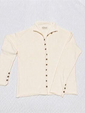 Free People Cream Cotton Cardigan | Floral Buttons • Rolled Trim • Textured Knit